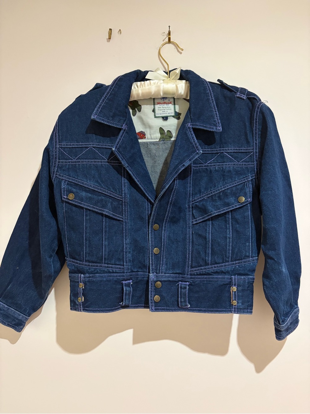 WeiPeng 100% cotton denim jean jacket with purple trim retro vintage silhouette